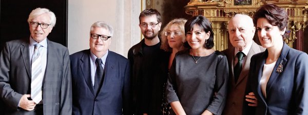 Françoise Laborde, Charb, Djemila Benhabib, Pierre Bergé, Anne Hidalgo, Patrick Kessel lors de la remise du prix de la Laïcité 2012